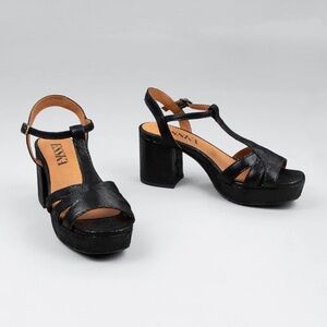 ESSKA Metallic Black Suede T-Bar Heeled Sandals - Size US10 / 41 / UK 7.5